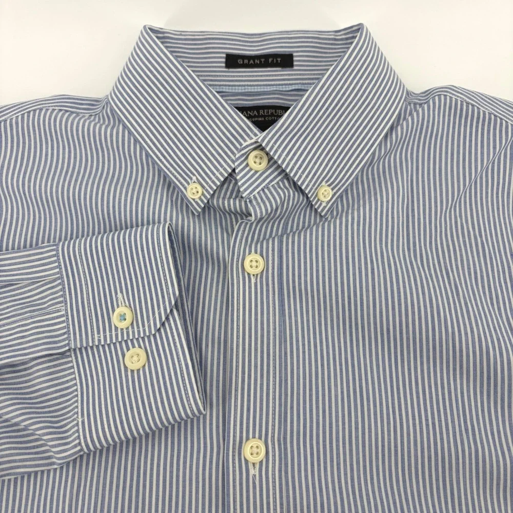 Banana Republic Grant Fit Mens Blue Pinstripe 120s Supima Cotton Shirt‎ Size M